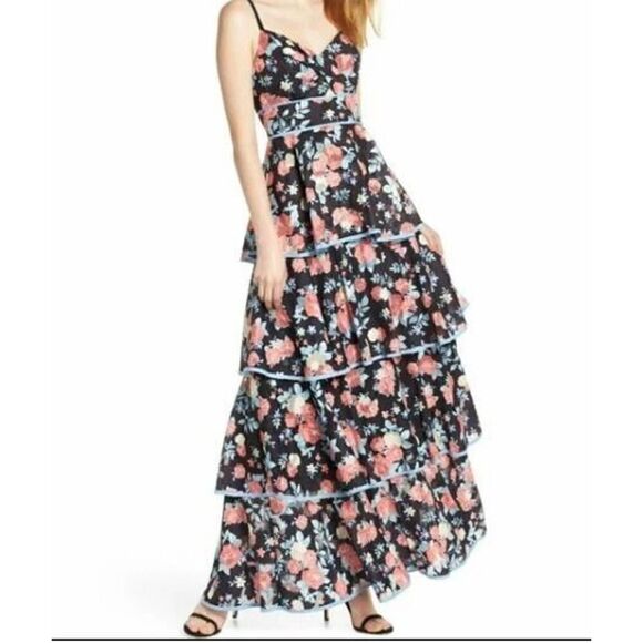 NWT Foxiedox Darlene Ruffle Tiered Floral Print Keyhole Bodice Maxi Formal Dress - Picture 1 of 4